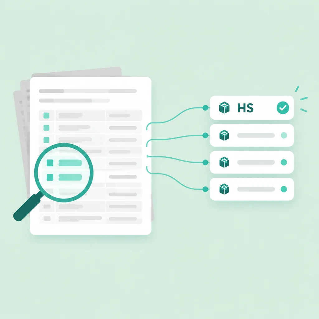 Vergrootglas over een document, waarbij de gegevens en HS-codes eruit worden gehaald